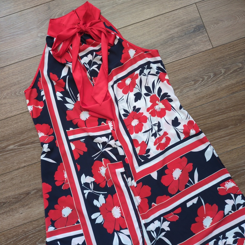 New York & Company Sleeveless Button Down Shirt Red Blue Floral Asymmetrical L